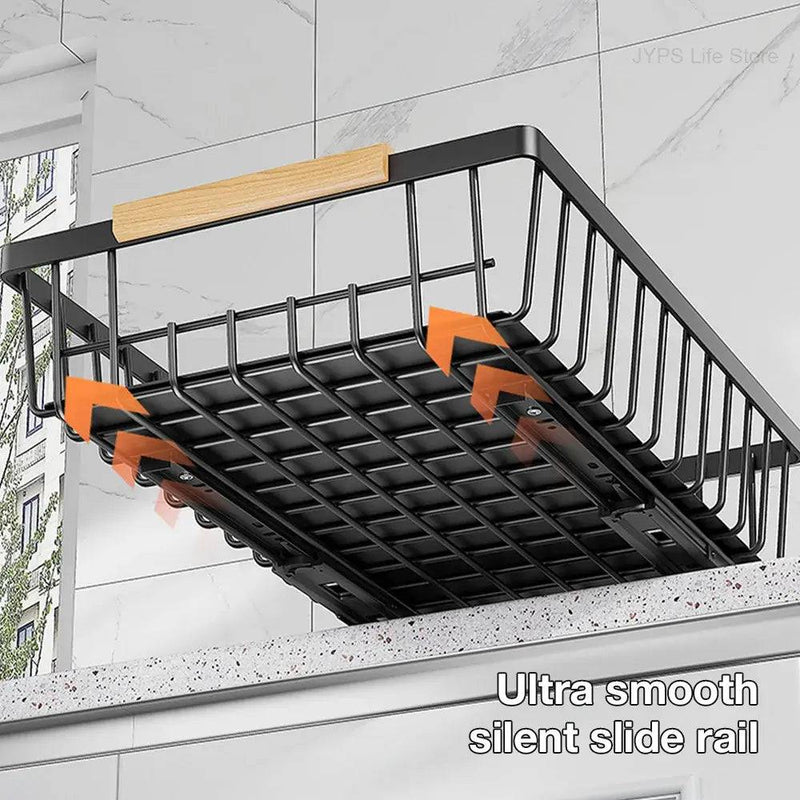Sliding pull out cabinet organiser with ultra smooth slide rail, crafted from carbon steel, ideal for efficient storage solutions.