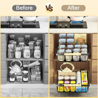 Before and after comparison of a kitchen cabinet, showcasing the transformation with a sliding pull-out organiser.