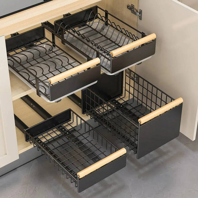 Pull-out sliding drawer kitchen organiser with smooth sliding mechanism, maximising storage under sinks and cabinets.