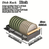 Black dish rack with dimensions and capacity details for large and small plates, ideal for kitchen organization.