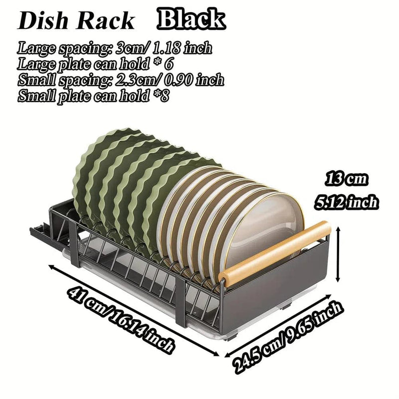 Black dish rack with dimensions and capacity details for large and small plates, ideal for kitchen organization.