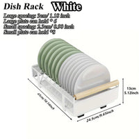White dish rack for organizing plates, holds up to 6 large plates and 8 small plates, compact design for kitchen spaces.