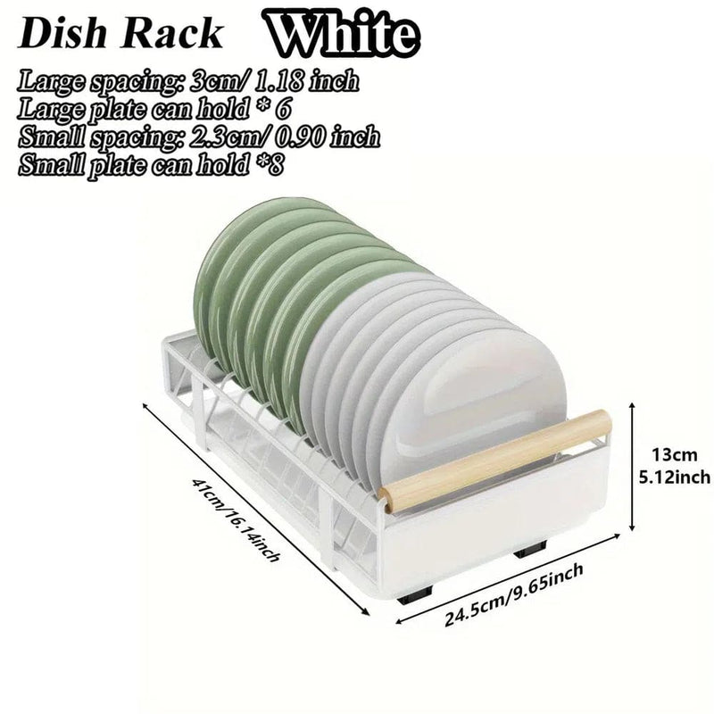 White dish rack for organizing plates, holds up to 6 large plates and 8 small plates, compact design for kitchen spaces.