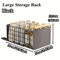 Large black storage rack with bottles, measuring 38x24cm, perfect for kitchen organisation and space maximization.