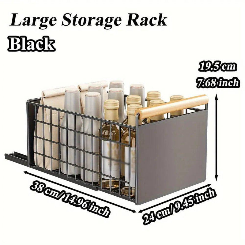 Large black storage rack with bottles, measuring 38x24cm, perfect for kitchen organisation and space maximization.
