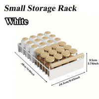 Small white storage rack with bamboo lid jars, ideal for kitchen organization and maximizing space.