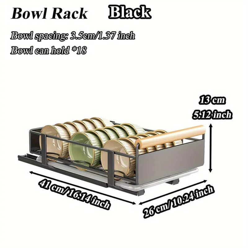 Black bowl rack with space for 18 bowls, dimensions 41x26x13 cm for organized kitchen storage.