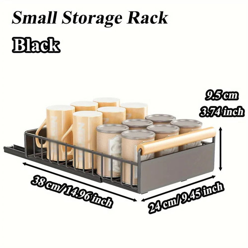 Compact black storage rack for organizing kitchen essentials with smooth sliding feature, measuring 38x24 cm.