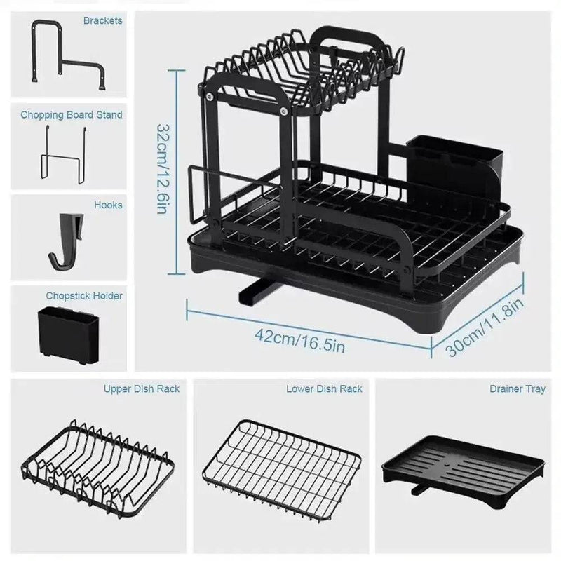 Two Tier Dish Drainer Rack with accessories including brackets, chopstick holder, hooks, and drainer tray in compact design.