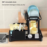 Two Tier Dish Drainer Rack with 360° retractable drain for efficient kitchen space and organization.