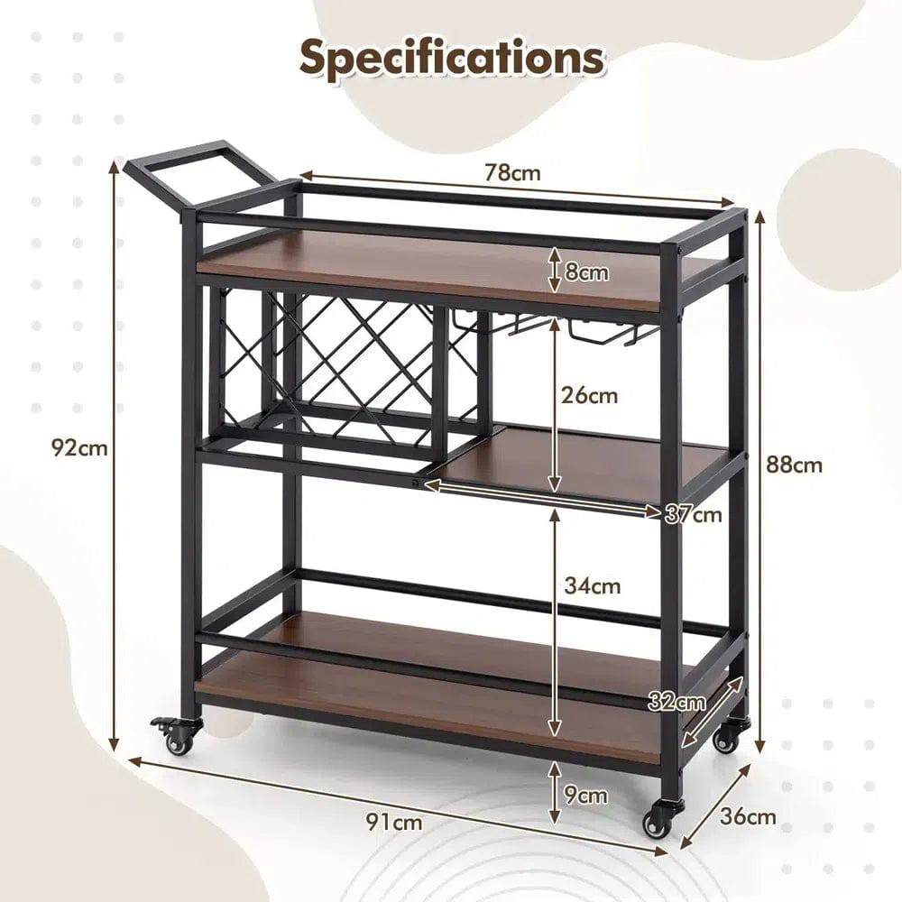 GOFLAME 3-Tier Bar Cart Industrial Serving Cart Kitchen Rolling Cart w/Wine Racks |  | Luvasmr - Satisfyingly Organised