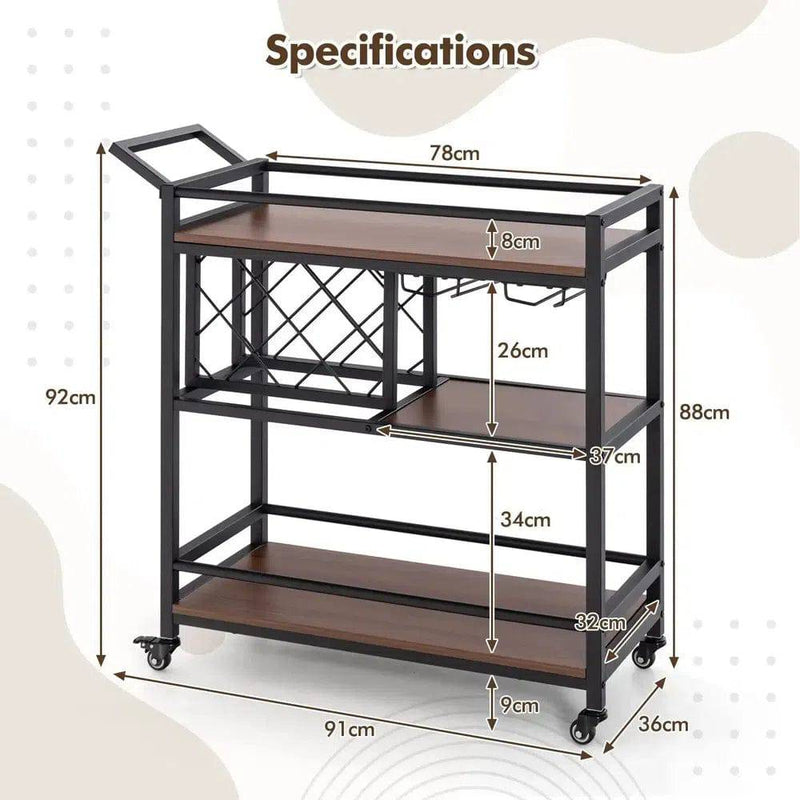 GOFLAME 3-Tier Bar Cart Industrial Serving Cart Kitchen Rolling Cart w/Wine Racks |  | Luvasmr - Satisfyingly Organised