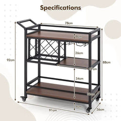 GOFLAME 3-Tier Bar Cart Industrial Serving Cart Kitchen Rolling Cart w/Wine Racks |  | Luvasmr - Satisfyingly Organised