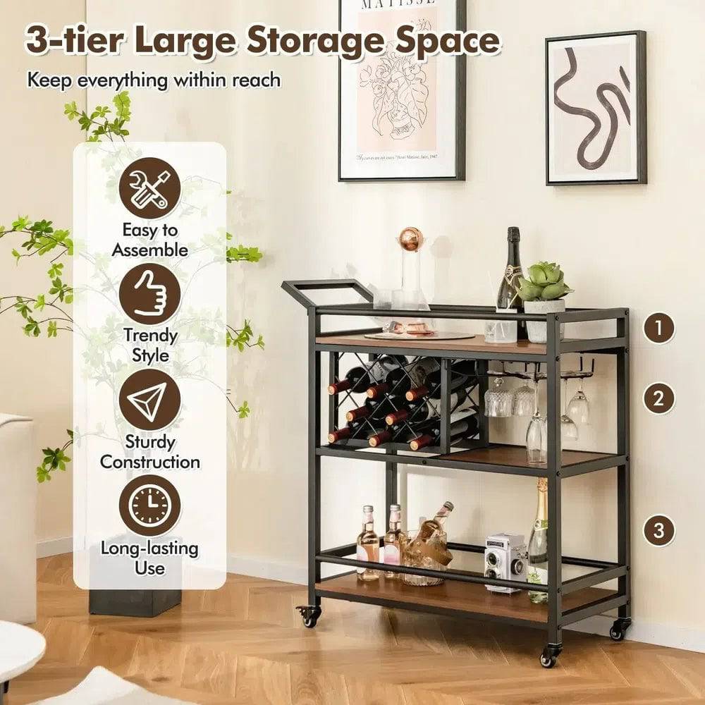 GOFLAME 3-Tier Bar Cart Industrial Serving Cart Kitchen Rolling Cart w/Wine Racks |  | Luvasmr - Satisfyingly Organised
