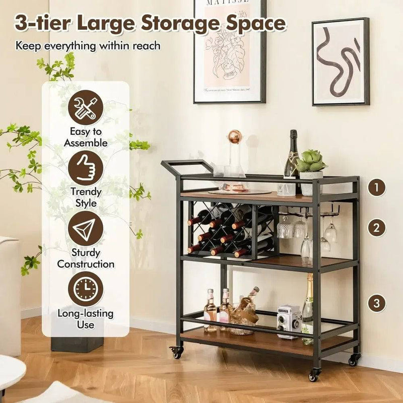 GOFLAME 3-Tier Bar Cart Industrial Serving Cart Kitchen Rolling Cart w/Wine Racks |  | Luvasmr - Satisfyingly Organised