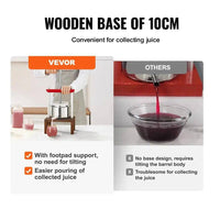 Comparison of wooden base features for fruit and wine press: VEVOR with footpad support vs others.