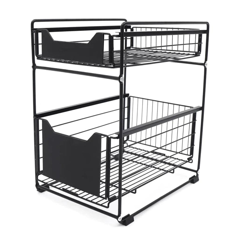 Adjustable under sink storage shelf space saver with two wire baskets for organized storage.