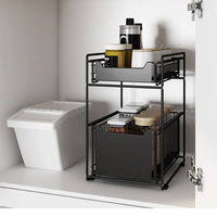 Adjustable under sink storage shelf organizer with jars and cleaning supplies, perfect for kitchen and bathroom spaces.