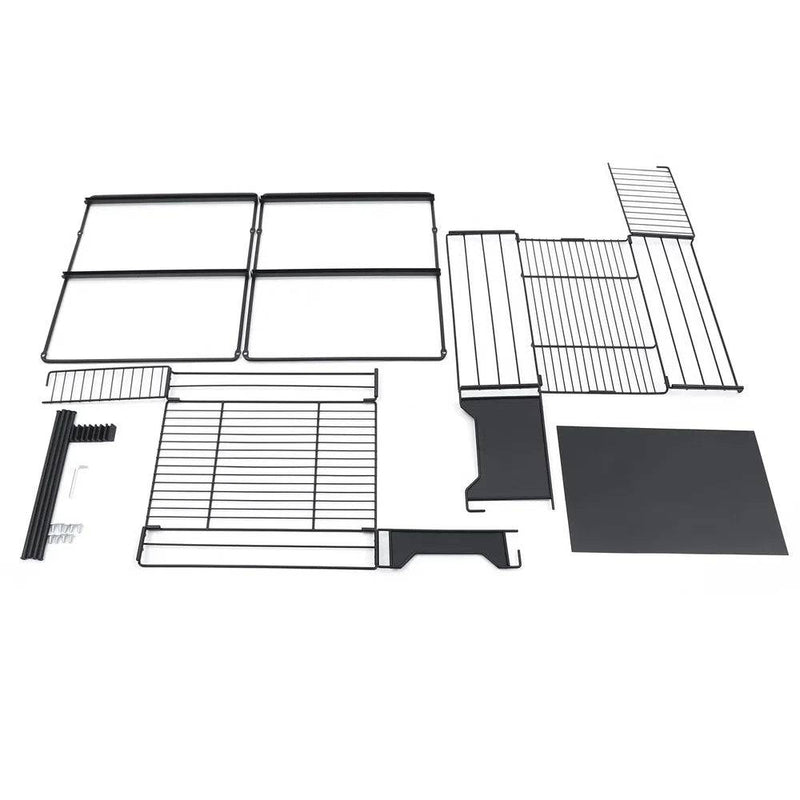 Adjustable under sink storage shelf parts layout, featuring durable metal components for versatile organization.