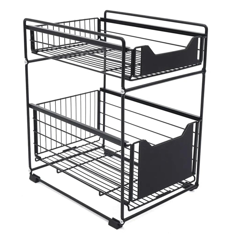 Adjustable under sink storage shelf space saver, versatile organization solution for kitchen or bathroom.