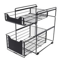 Adjustable under sink storage shelf space saver with two wire baskets for organizing cleaning supplies.