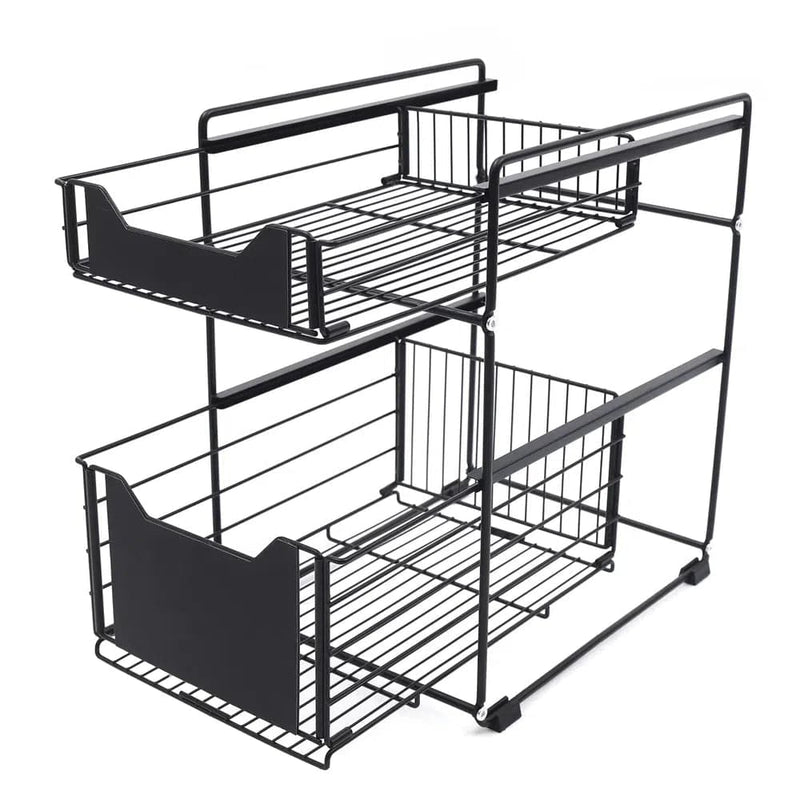 Adjustable under sink storage shelf space saver with two wire baskets for organizing cleaning supplies.