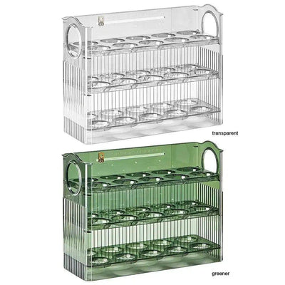 Egg Tray Organizer in clear and green options, featuring 30-grid design and handle for easy storage and access.