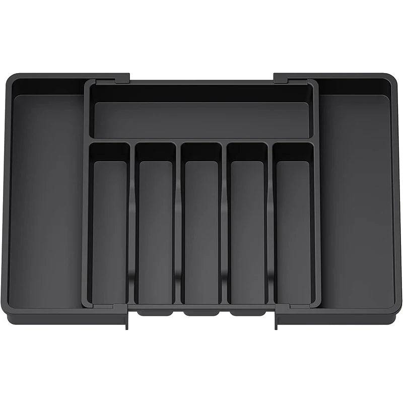 Large expandable eco-friendly utensil tray with multiple compartments for optimal kitchen organization.