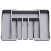 Large expandable utensil tray in gray, eco-friendly design for organized kitchen storage.