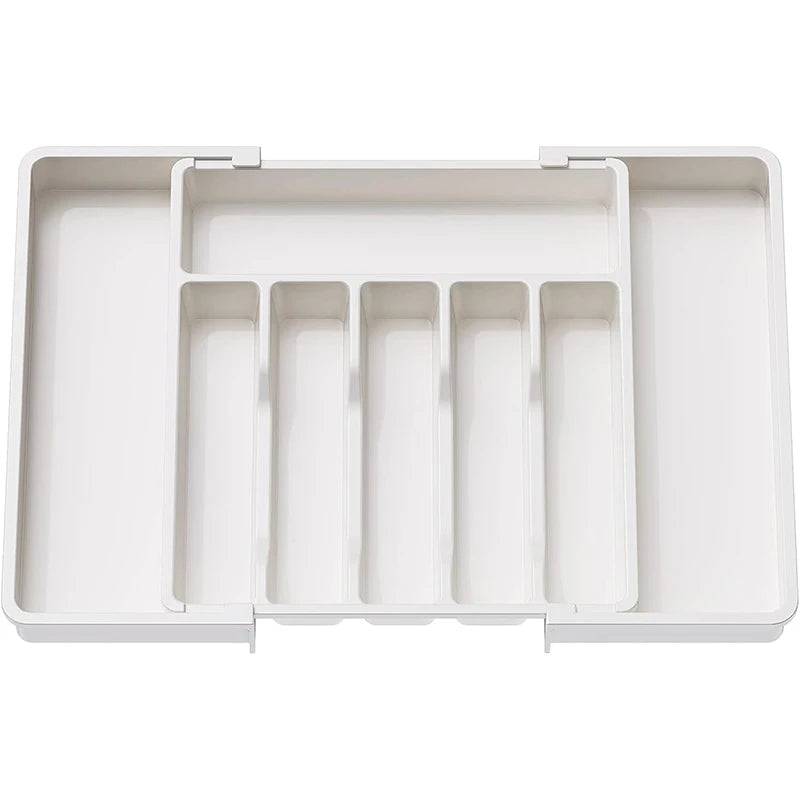 Large expandable utensil tray in eco-friendly design, featuring multiple compartments for cutlery organization.
