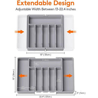 Large expandable utensil tray showing adjustable width design, measuring 13 to 22.4 inches for optimal kitchen storage.