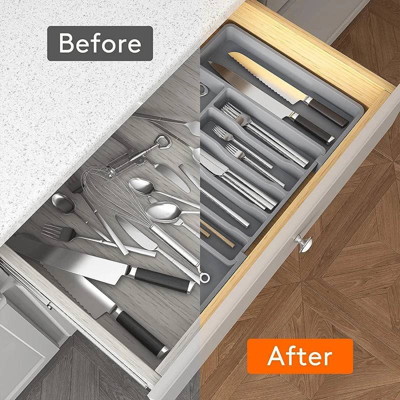 Before and after image of a utensil drawer featuring an organized expandable tray for cutlery.