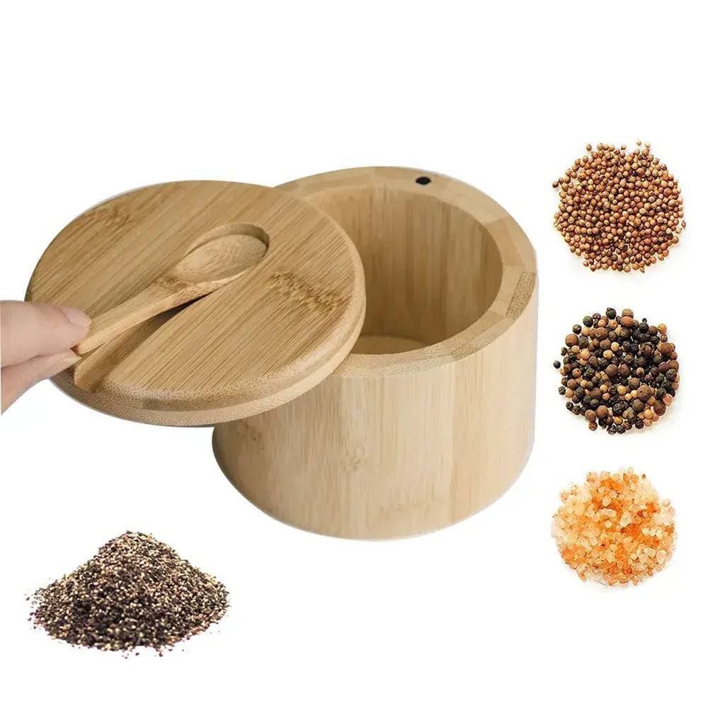 Bamboo Salt Container Spoon Seasoning Jar With Swivel Magnetic Closure Lid to Keep Dry To Storage Pepper Spice Cellar Holder | Kitchen | Luvasmr - Satisfyingly Organised