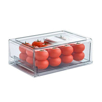 Stackable BPA-free fridge food storage tray with fresh tomatoes, perfect for optimizing fridge space and organization.