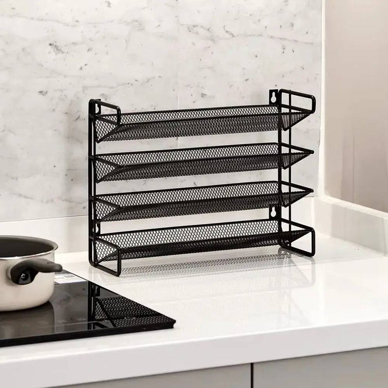Metal spice rack with 4 tiers in classic black finish, enhancing kitchen organization and style.