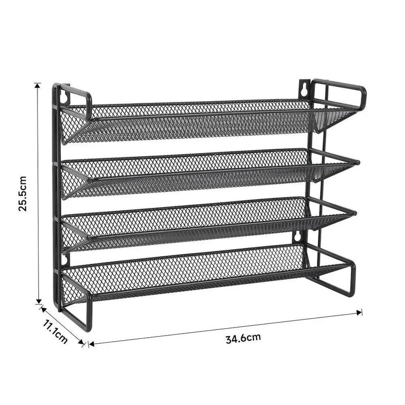 Metal spice rack with 4 tiers, sleek black finish for organized kitchen storage and easy access to spices.