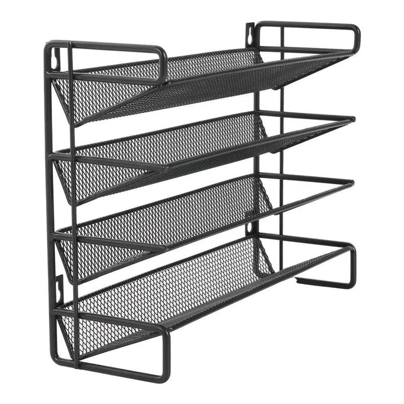 Metal 4-tier spice rack with classic black finish for kitchen organization and stylish decor.