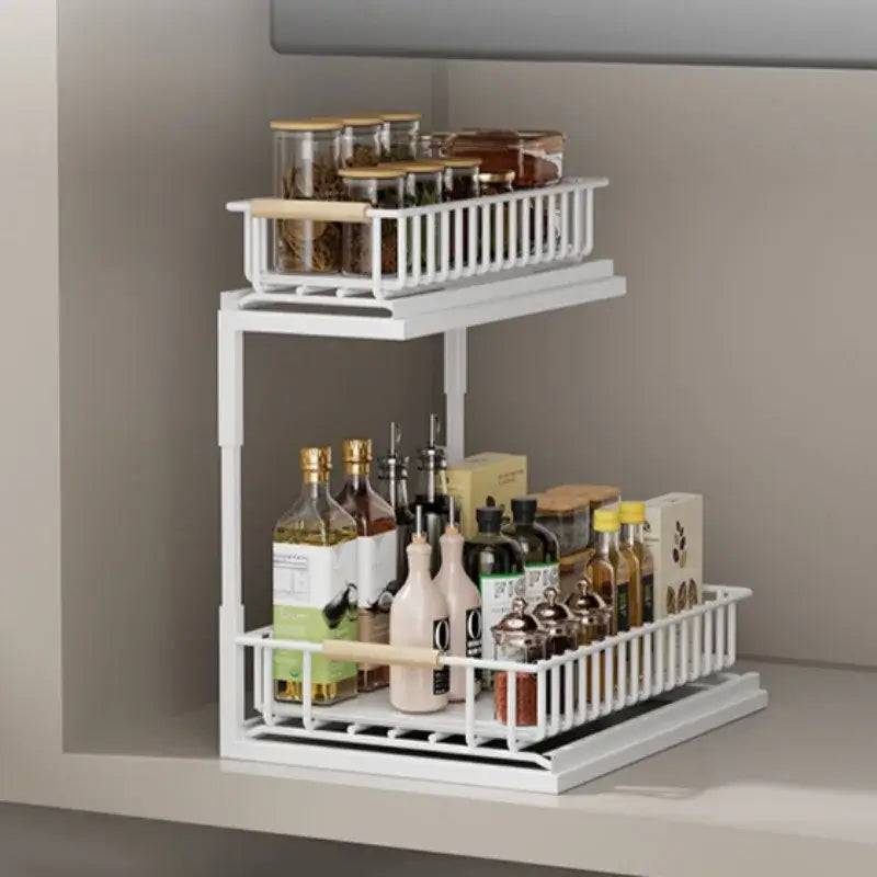 2-Tier Kitchen Storage Rackspice rack Cabinet Storage Rack Multi-Use Slide-Out Layered Storage Shelf Spices seasoning Organizer | Kitchen | Luvasmr - Satisfyingly Organised