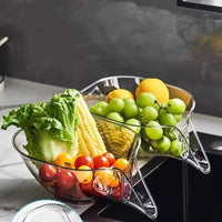 Multi-functional sink colander with fresh fruits and vegetables, designed for efficient kitchen prep and space-saving.