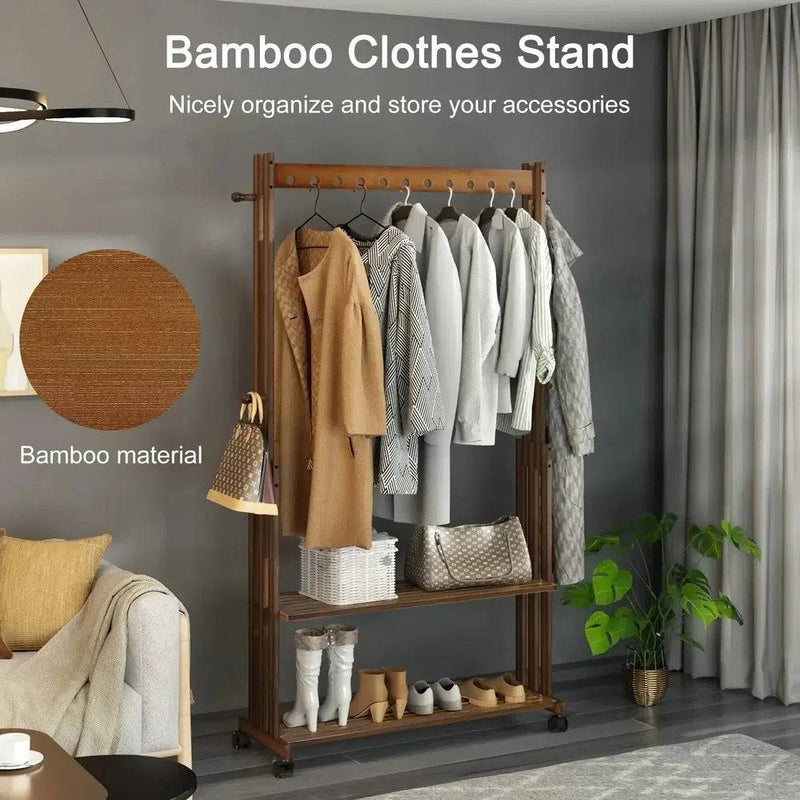 Bamboo Clothes Rack Stand with Wheels | Living Room | Luvasmr - Satisfyingly Organised