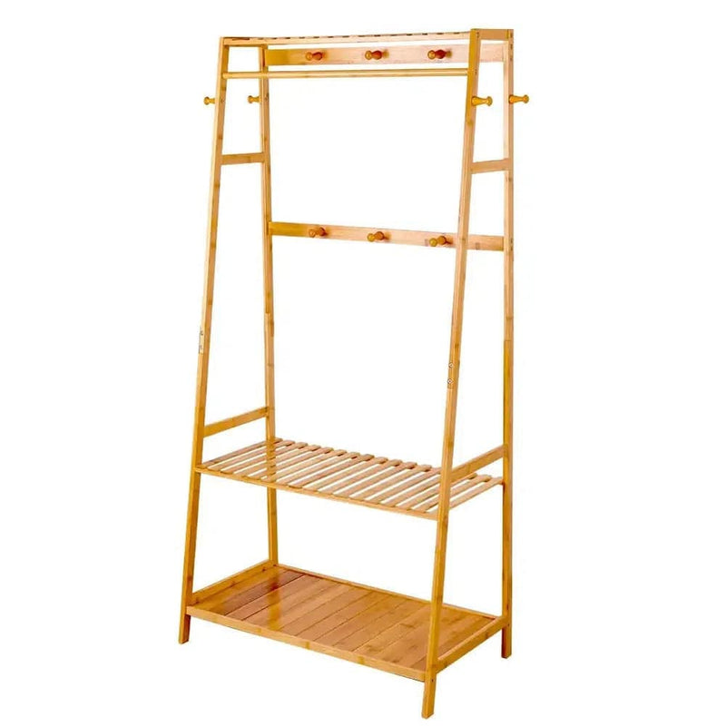 Bamboo Garment Coat Clothes Rack with Shelves | Living Room | Luvasmr - Satisfyingly Organised