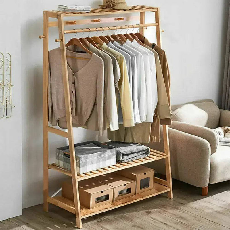 Bamboo Garment Coat Clothes Rack with Shelves | Living Room | Luvasmr - Satisfyingly Organised