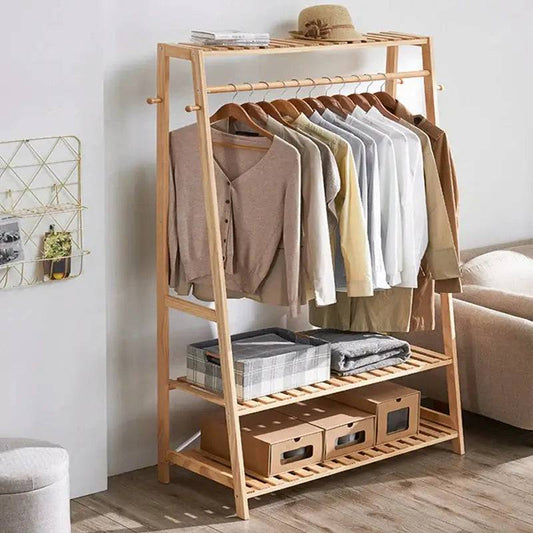 Bamboo Garment Coat Clothes Rack with Shelves | Living Room | Luvasmr - Satisfyingly Organised