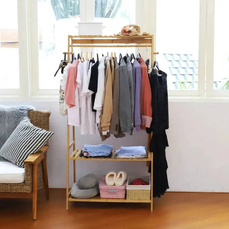 Bamboo Garment Coat Clothes Rack with Shelves | Living Room | Luvasmr - Satisfyingly Organised