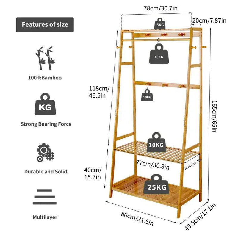 Bamboo Garment Coat Clothes Rack with Shelves | Living Room | Luvasmr - Satisfyingly Organised