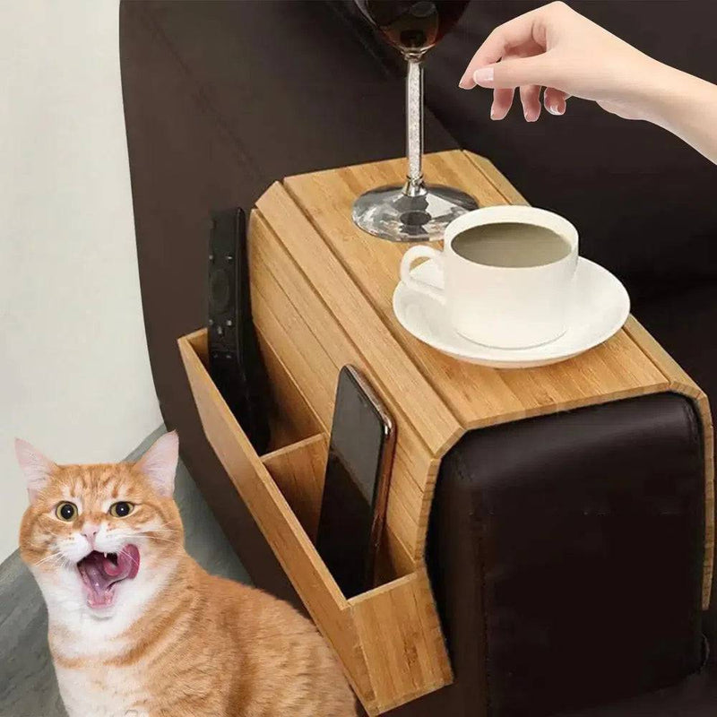 Wooden sofa armrest organizer with cup holder, remote pocket, ideal for living room organization.