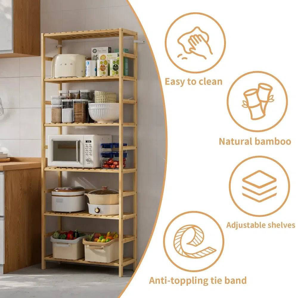 6-Tier Bamboo Storage Rack Shelving Bookshelf Plant Flower Stand Adjustable Shelves for Home Organization | Living Room | Luvasmr - Satisfyingly Organised