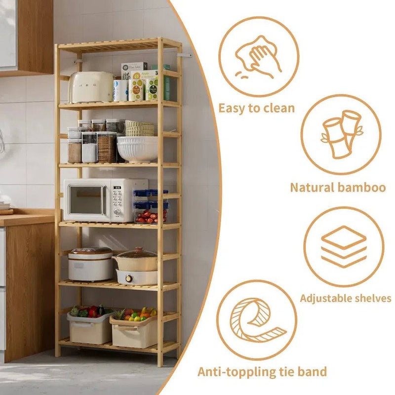 6-Tier Bamboo Storage Rack Shelving Bookshelf Plant Flower Stand Adjustable Shelves for Home Organization | Living Room | Luvasmr - Satisfyingly Organised