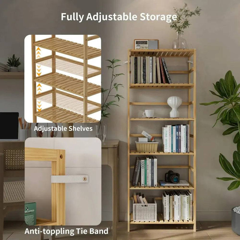 6-Tier Bamboo Storage Rack Shelving Bookshelf Plant Flower Stand Adjustable Shelves for Home Organization | Living Room | Luvasmr - Satisfyingly Organised