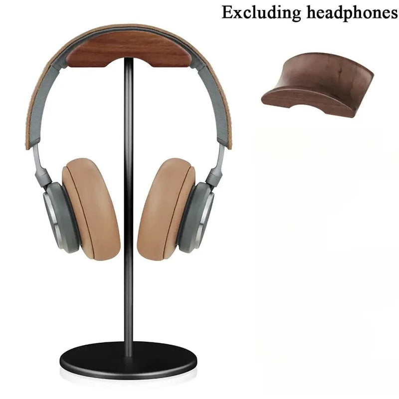 Elegant walnut headphone stand with aluminium base, stylish accessory for your gaming setup, excludes headphones.